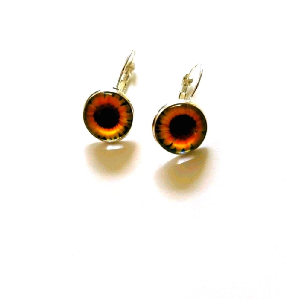 Small Sunflower Glass Earrings Round Orange Yellow & Black